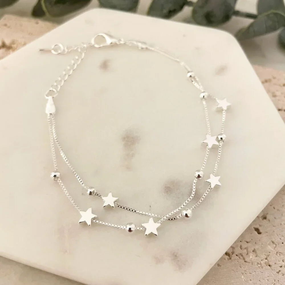Sterling Silver Star Bracelet Silver Bead Bracelet Dainty Silver Bracelet - Picture 2 of 3